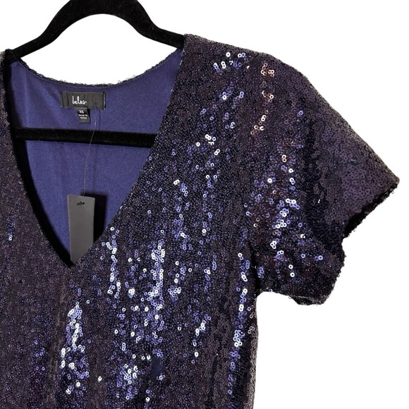 Lulu's Light Up The Night Navy Sequin V-Neck Shirt Dress- Size XS - Picture 11 of 13